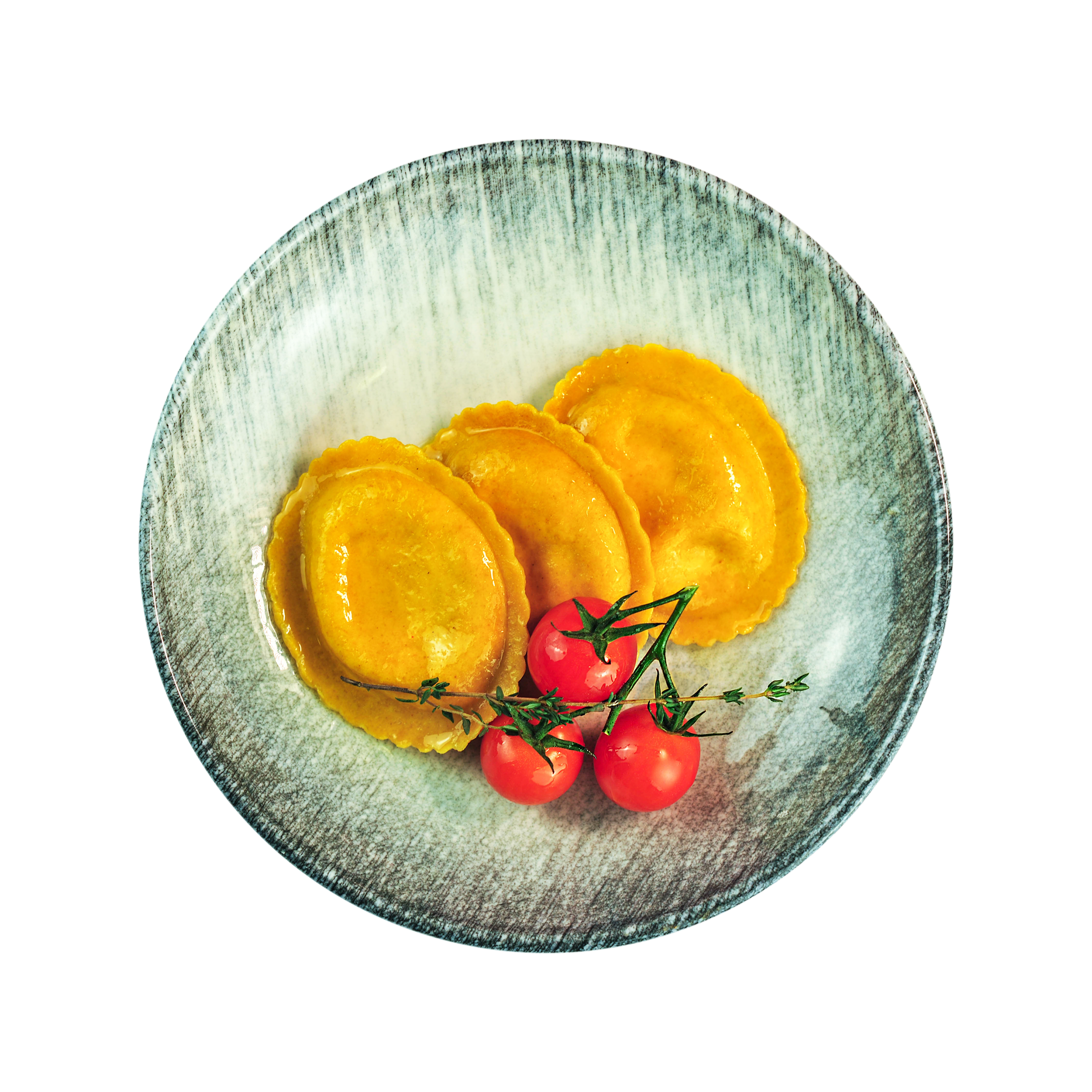 Three golden arancini balls garnished with thyme on a ceramic plate.